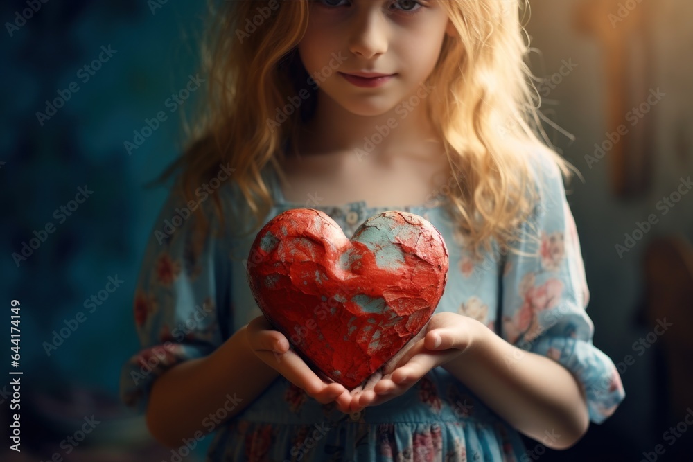 Wall mural blonde girl with a red heart in her hands.