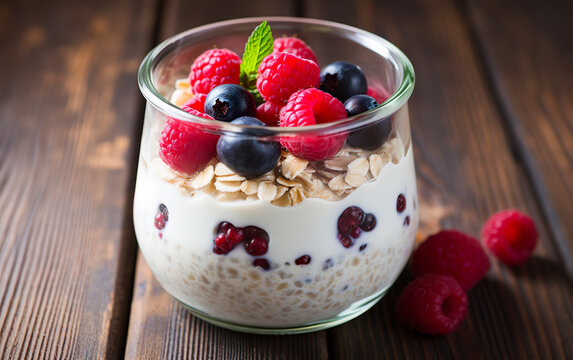Healthy mix of oats, creamy yogurt and fruits. Nutritious breakfast that's fresh, creamy and full of healthy benefits. Cold tasty oatmeal.
