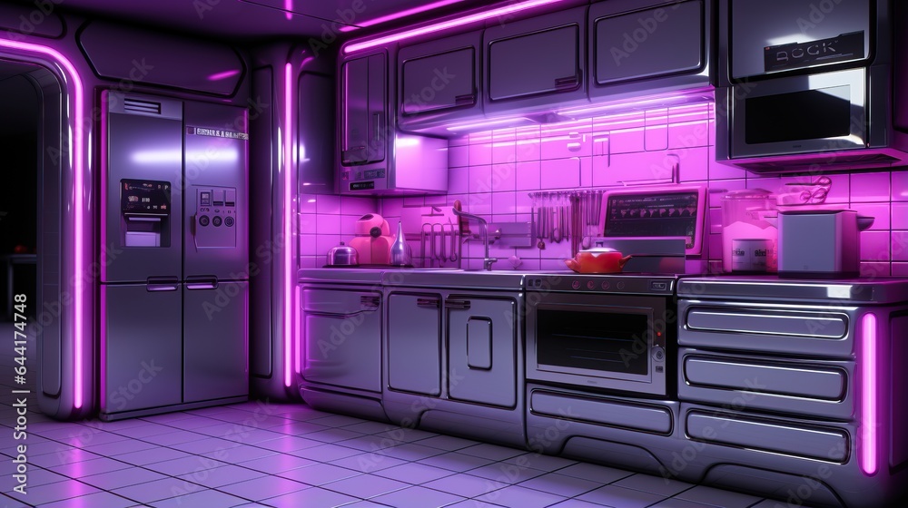 Canvas Prints a kitchen with purple lights. generative ai art.