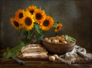 Homemade bread, walnuts, sunflowers and vintage ceramic kitchenware on an old wooden table. Artistic Still Life in Vintage Style..