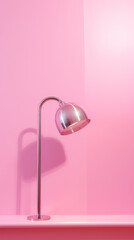 A pink room with a lamp on a pink shelf