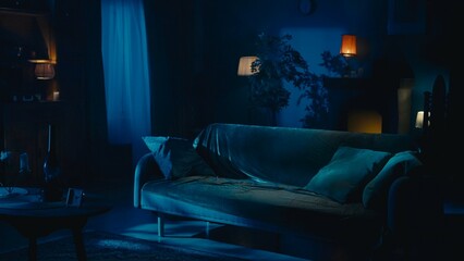 Shot of a flat, an apartment in the night. Muffled, low light from multiple lamps in a room. Couch,...