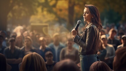 Dynamic Public Speaking, female leader speaking to a diverse audience outdoors, against a backdrop of enthusiastic listeners and a professional microphone. - obrazy, fototapety, plakaty
