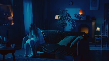 Shot of a young woman sitting on the couch with her head down and her arms dropped to the ground as if she is posessed by a ghost, demon, poltergeist.