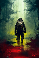 Fototapeta premium Doomsday. Ecological disaster. Nuclear explosion. A person wearing a gas mask. Generative AI