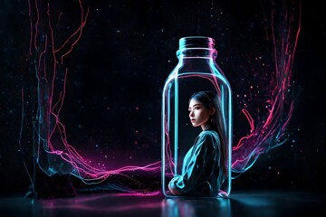 neon illustration of a bottle of champagne with a model inside