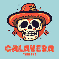 Cartoon logo featuring a Mexican hat-wearing cute skull, a Calavera mascot in a hand-drawn doodle illustration