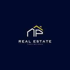modern NP letter real estate logo in linear style with simple roof building in blue © nururu