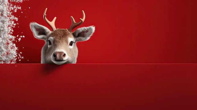 Reindeer, head with antlers on a red bright background. Festive Christmas card, banner for advertising with copy space. New Year's symbol of Santa's helpers.