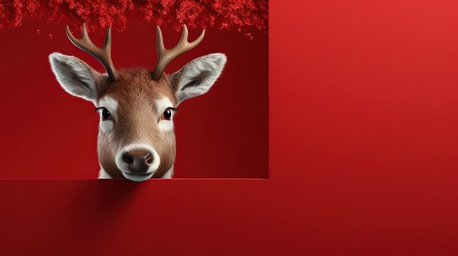 Reindeer, head with antlers on a red bright background. Festive Christmas card, banner for advertising with copy space. New Year's symbol of Santa's helpers.