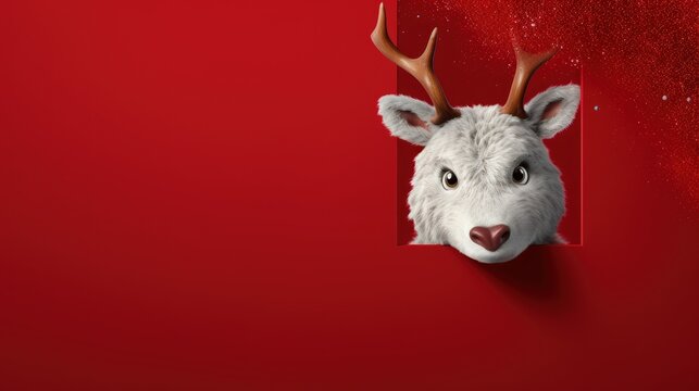 Reindeer, head with antlers on a red bright background. Festive Christmas card, banner for advertising with copy space. New Year's symbol of Santa's helpers.
