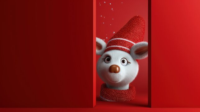 Reindeer, head with antlers on a red bright background. Festive Christmas card, banner for advertising with copy space. New Year's symbol of Santa's helpers.