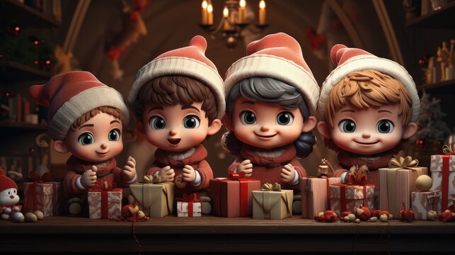 Cute cartoon children characters sit against the backdrop of a festive city and room with candles and gifts in their hands. Atmospheric Christmas advertising card, banner, poster. Winter fairy tale.
