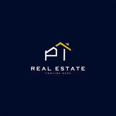 modern PI letter real estate logo in linear style with simple roof building in blue - obrazy, fototapety, plakaty