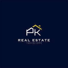 modern PK letter real estate logo in linear style with simple roof building in blue - obrazy, fototapety, plakaty