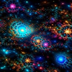 Multi-colored fractal galaxies in space.