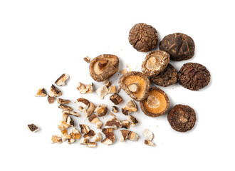 Dry Shiitake Mushrooms Isolated, Raw Shitake Pile, Healthy Organic Asian Fungi