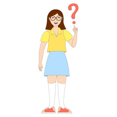 Girl pointing at the question mark. The concept of looking for answer to a question. Young woman solving a problem. Ask a question. Find the answer. Person searching for information. FAQ, analysis