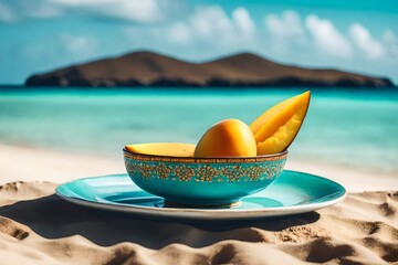 Obraz premium Close-up of delicious mango in the vintage plate, Sand beach with a blue sky and a turquoise sea in the distance. 