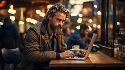 A mature white man in a jacket diligently types on a computer, crafting an email, illuminated by the soft glow of evening lights in an open-air setting. The ambiance combines modern tech with casual. - obrazy, fototapety, plakaty