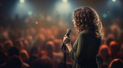 Dynamic Public Speaking, female leader speaking to a diverse audience, against a backdrop of enthusiastic listeners and a professional microphone.