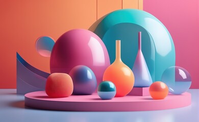 Trendy background with a composition of glass objects of different shapes. Retro-futuristic style, bright colors. Generative ai