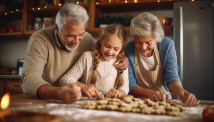 Happy grandparents baking Christmas cookies, family holiday baking, generations bonding
