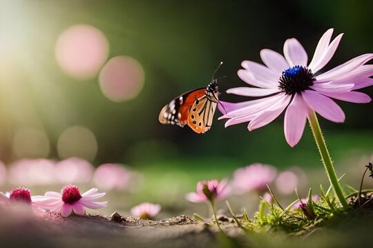 Beautiful pink flower anemones in the early springtime outdoors, macro, with a soothing green backdrop and a flying butterfly. Elegant beautiful artistic image