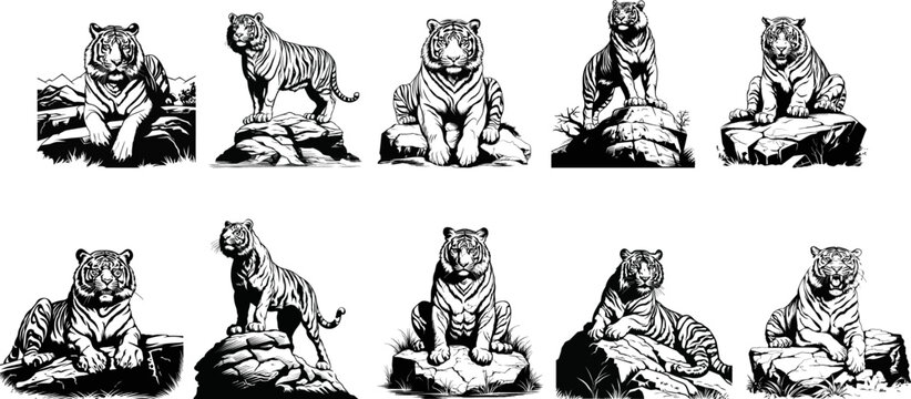 Graphic tigers set. Black and white Collection of predatory wild cats. Vector illustration isolated on white background. ai generated illustration