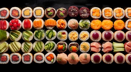 close-up of sushi rolls on the table, sushi rolls set, sushi background, set of sushi rolls, seafood set, designed shushi rolls