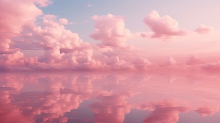 A serene lake surrounded by fluffy white clouds - obrazy, fototapety, plakaty