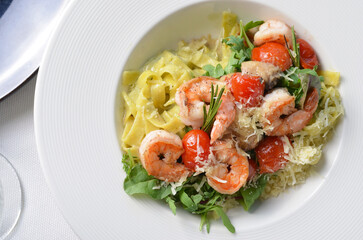 Shrimp Fettuccine Pasta, Italian Pasta with Shrimps and Creamy Sauce, Top View