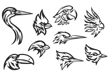 Set hand drawn silhouettes head heron, parrot, red cardinal, sparrow, kingfisher, toucan, woodpecker, blue jay. Template for design mascot, label, badge, emblem, print. Monochrome illustration.