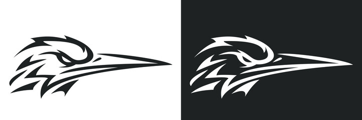 Kingfisher head isolated on white and black background. Silhouette abstract bird. Template for design mascot, label, badge, emblem or other branding. Vector illustration.