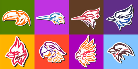 Set vector design templates mascot, sticker, label, badge, emblem or other prints. Silhouette bird heads red cardinal, parrot, sparrow, woodpecker, blue jay, kingfisher, toucan. Color illustration.
