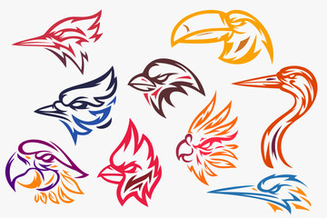 Set hand drawn silhouettes head birds heron, parrot, red cardinal, sparrow, kingfisher, toucan, woodpecker, blue jay. Template for design mascot, label, badge, emblem, print. Color illustration.