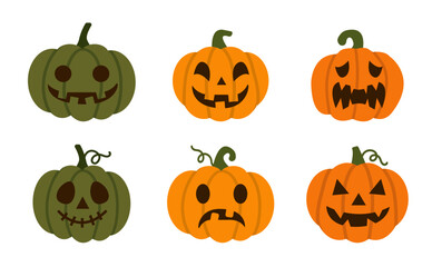 halloween pumpkin set cute baby kids cartoon face spooky vector graphic design illustration orange green yellow pumpkin sticker art