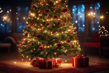 Beautiful Decorated Christmas tree, Abstract bokeh background. Christmas eve concept. Generative AI