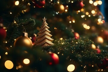 Fototapeta na wymiar Beautiful Decorated Christmas tree, Abstract bokeh background. Christmas eve concept.