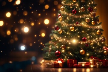Fototapeta na wymiar Beautiful Decorated Christmas tree, Abstract bokeh background. Christmas eve concept. Generative AI