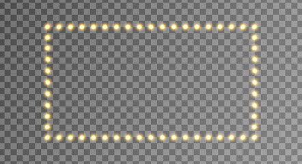 Light gold frame. Glitter luxury decoration. Golden bulb border. Lamp rectangle banner. Retro neon wall billboard. Cinema, casino design. Mirror background. Vector illustration