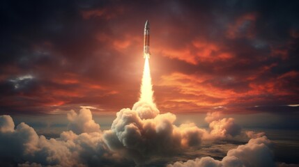 A rocket launching into the sky with clouds