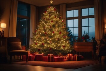 Beautiful Decorated Christmas tree in the house, Abstract bokeh background. Christmas eve concept.