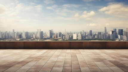 Empty brick concrete floor and modern cityscape with blue sky. Background copyspace concept