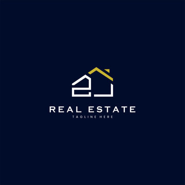modern ZJ letter real estate logo in linear style with simple roof building in blue