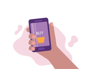 Online shopping. Payment by phone. A man's hand holds a phone with the inscription buy.