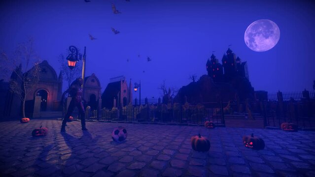 Zombi da una patada a un balón de fútbol en la noche de Halloween