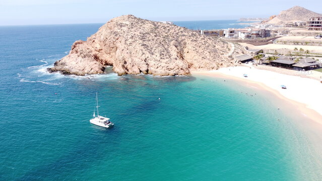 photography with drone of yachts in santa maria beach cabo san lucas california mexico