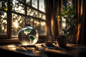 Create a stunning picture of a glass globe with soft, warm backlighting. 