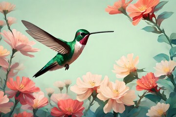 Craft a serene portrayal of a hummingbird hovering near a vibrant blossom. 